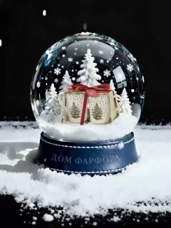 Снежный шар с подарочной упаковкой и набором посуды Spode внутри, украшенной рисунками мини‑ёлочек и праздничными бантиками.