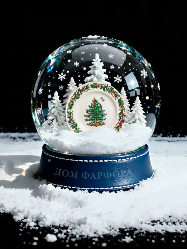 Снежный шар с декоративной тарелкой Spode, украшенной рождественской елкой и золотистой рамкой, окружённой миниатюрными елями.