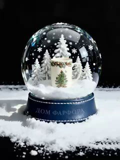 Снежный шар с кружкой Spode на подставке с логотипом магазина, внутри — миниатюрная белая ёлка и падающий «снег» для праздничной атмосферы.
