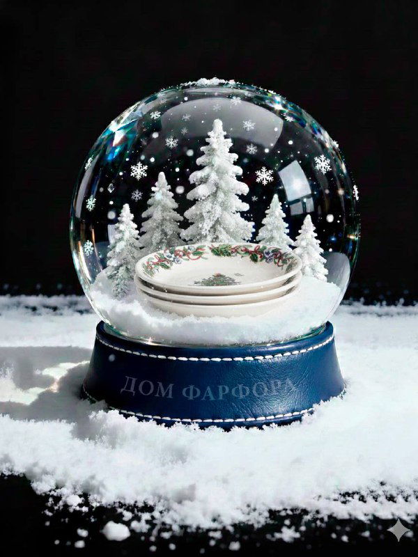 Снежный шар, внутри которого размещены стопкой блюдца Spode с изображением рождественской ёлки, окружённые белым искусственным снегом на темном фоне.