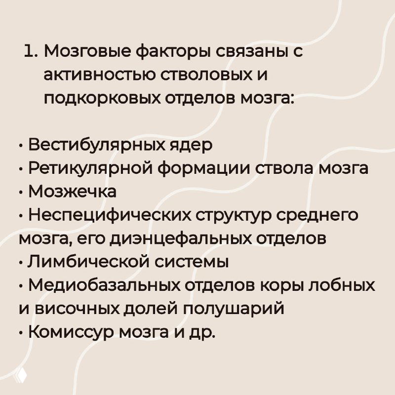 Слайд с перечислением мозговых факторов: список структур (вестибулярные ядра, ретикулярная формация, мозжечок, лимбическая система и др.) на бежевом фоне.