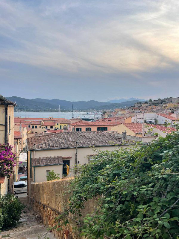 Панорама с крыши вниз на ряд цветных домов и залив и горы вдали — типичный вид прибрежной тоскской бухты на острове Эльба.