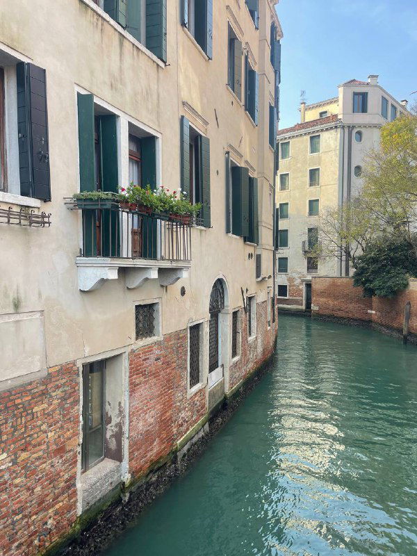 Узкий канал с зелёными ставнями на окнах, старые кирпичные фасады домов и тихая водная улица без активного судоходства.