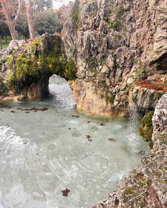 Каменный мини-мостик и скалистый обрамлённый водоём в городском парке Рима — деталь прогулочной зоны с природой и водой.