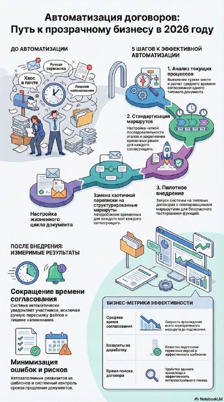 Инфографика с этапами автоматизации договоров: жизненный цикл, 5 шагов внедрения, ключевые метрики эффективности и ожидаемые результаты для бизнеса.