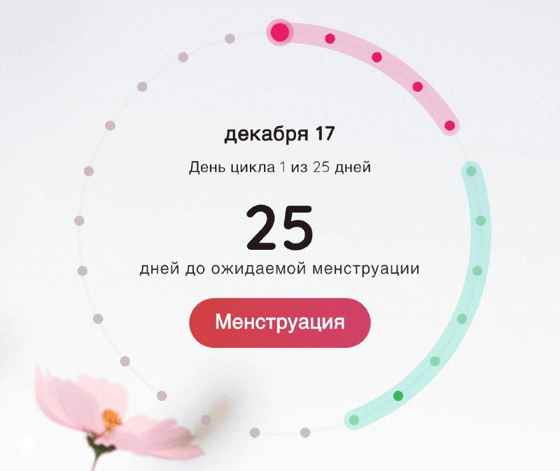 Скриншот приложения‑трекера цикла с датой 17 декабря, индикатором «День цикла 1 из 25» и пометкой «Менструация», визуализация фаз.