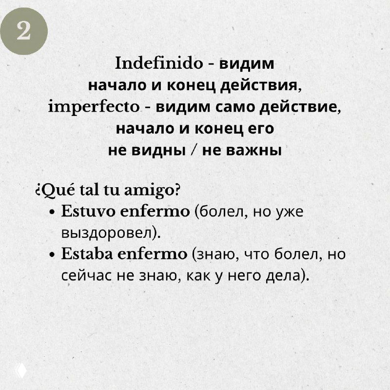 Слайд 2: объяснение видимости начала и конца действия — примеры Estuvo enfermo vs Estaba enfermo с пояснениями на русском.