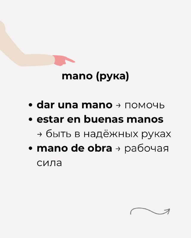 Слайд с заголовком «mano (рука)» и перечнем выражений: dar una mano, estar en buenas manos, mano de obra; иллюстрация руки рядом.