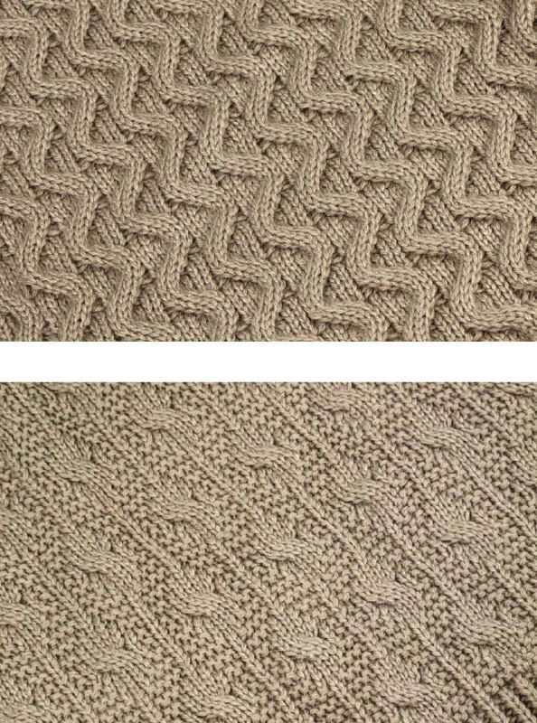 Текстурный фрагмент вязаного полотна с зигзагообразным и волнообразным узором, демонстрация вариативности техник вязки.