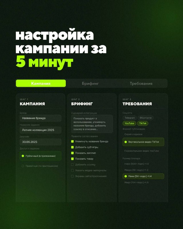 Слайд «настройка кампании за 5 минут»: макеты интерфейса с полями брифа, требований и предпросмотрами, демонстрация простоты настройки.