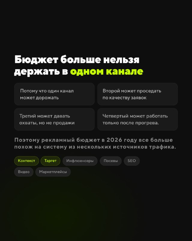 Финальная карточка-инфографика: аргументы, почему нельзя держать бюджет в одном канале, перечисление рисков и рекомендации по диверсификации трафика.