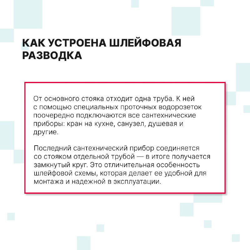Инфографический слайд с заголовком «КАК УСТРОЕНА ШЛЕЙФОВАЯ РАЗВОДКА» и текстом, поясняющим принцип отводов от стояка и замкнутого круга в системе водоснабжения.