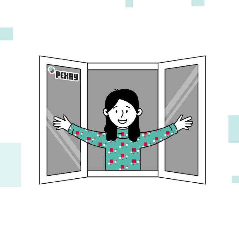 Иллюстрация: человек в открытом окне с логотипом REHAU, показывающая открывание створок и обзор конструкции изнутри.