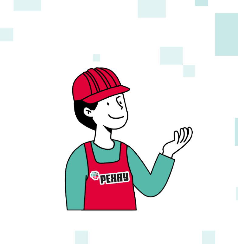 Иллюстрация монтажника в каске и фирменном фартуке REHAU, символизирующая профессиональную установку и сервис оконных систем.