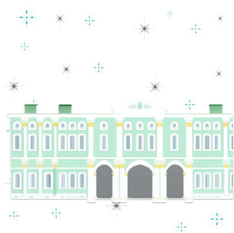 Иллюстрация фасада старинного дома на фоне; декоративная карточка завершающей части карусели о городских домах и печах.