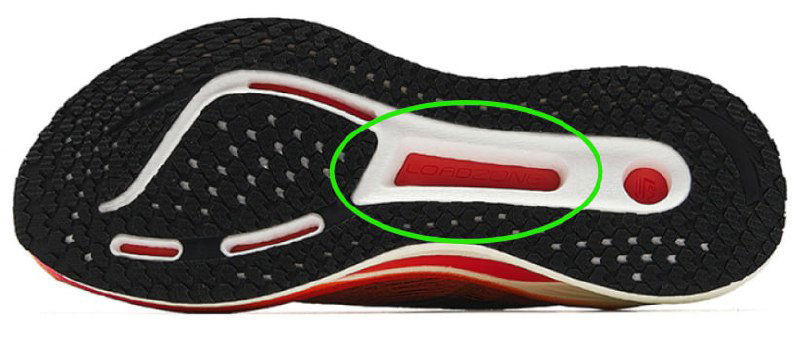 Вид подошвы снизу: жесткий элемент в зоне свода, вставки и канавки амортизации — элементы, дающие стабильность и защиту для новичка.