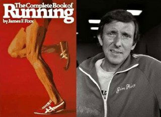 Обложка книги о беге рядом с портретом автора в спортивной одежде; ретро-стилистика издания и образ популярного пропагандиста джоггинга.