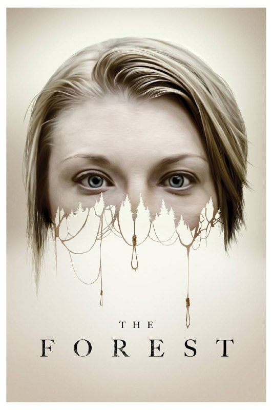 Постер фильма «The Forest» (2015): портрет Натали Дормер на светлом фоне и графический силуэт леса, намёк на призраков и хоррор-атмосферу.