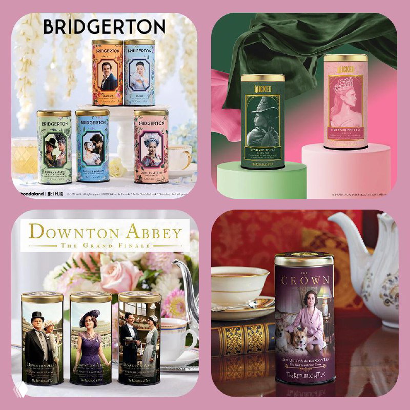 Коллаж коллекционных баночек чая The Republic of Tea: серии Bridgerton, Downton Abbey и The Crown, оформленные в эпохальном стиле и пастельной палитре, как мерч к костюмным драмам.