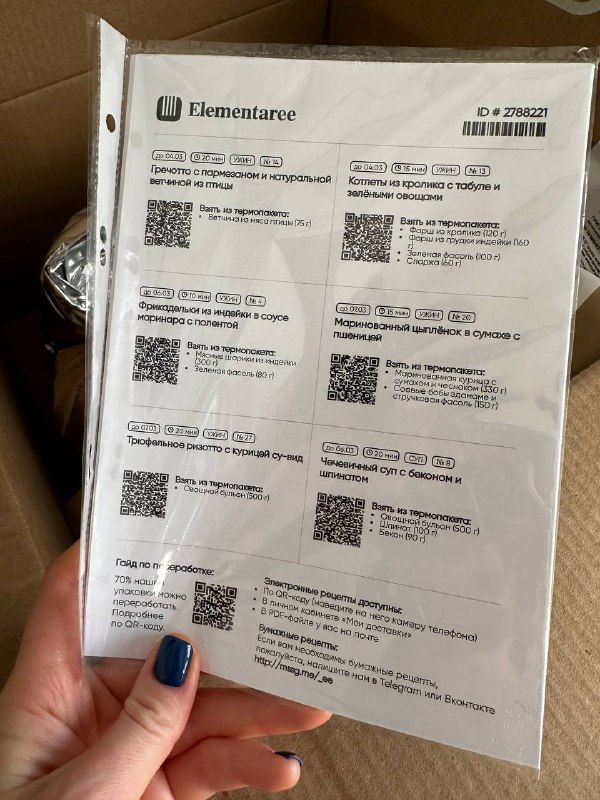 Распечатанные листы с рецептами Elementaree в руке автора; видны QR‑коды и инструкции к блюдам, крупный план бумажных карточек рецептов.