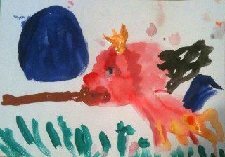 Рисунок с фантастическим животным в ярких красках, смелые мазки и отпечатки пальцев; игровой подход к сюжету.