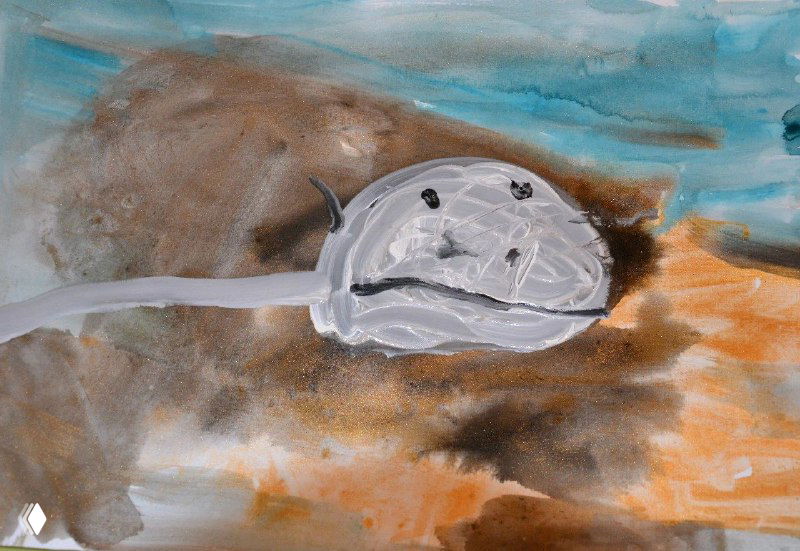 Пастельные и тёмные тона, крупные разворотные мазки и смешение фактур; абстрактная сцена с центральным светлым элементом.