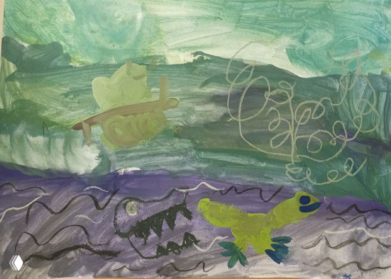 Иллюстрация доисторического земноводного в детской манере: пластичные мазки и контурная графика, сочетание пастельных и насыщенных тонов.