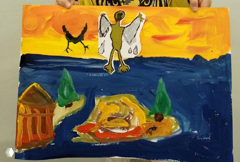 Пейзажная работа с фигурой с крыльями на фоне моря и острова, яркое небо заката — иллюстрация мифа об Икаре в детском исполнении.