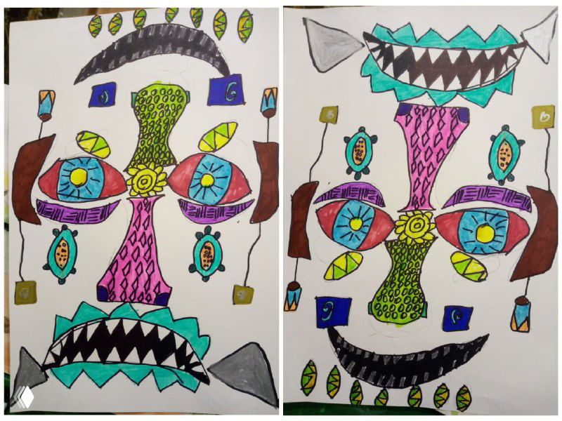 Пара детских рисунков масок с геометрическими элементами и яркими цветами, демонстрирующих разные варианты носов, ртов и декоративных деталей.