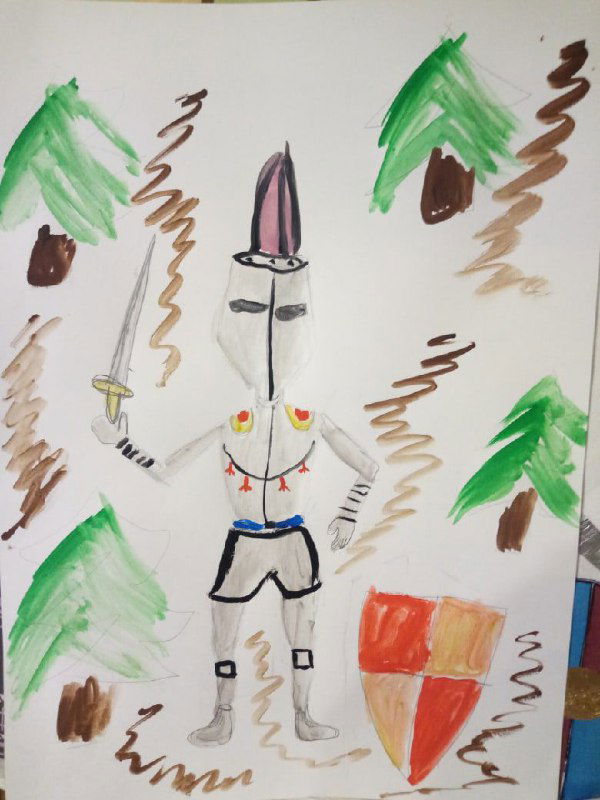 Стиллизованный детский рисунок рыцаря с мечом и щитом на белом фоне, простые линии и крупные мазки краски.