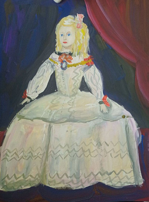 Гуашевая интерпретация инфанты Веласкеса — детская портретная работа с пышным платьем и барочной позой в упрощённой манере.