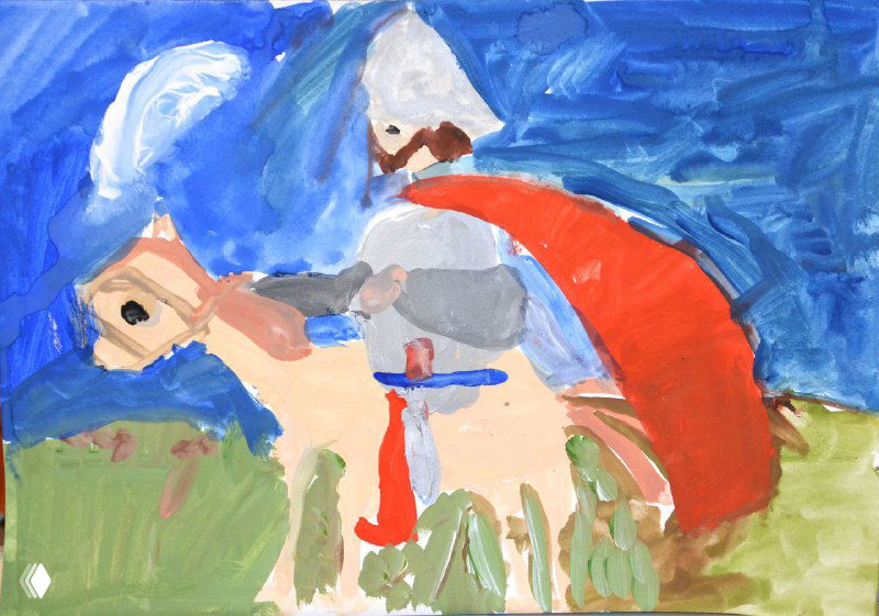 Картина в тематику всадника: условный рыцарь на лошади, широкие мазки синего и красного, динамичная детская живопись со смелой палитрой.