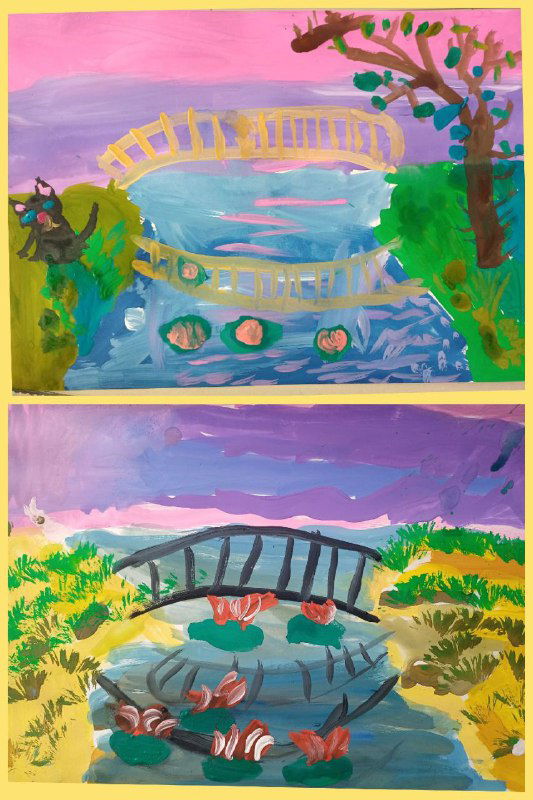 Две панорамные работы с мостами и водой: цветные пейзажи, выполненные детьми, со слоями пастозной краски и декоративными элементами.