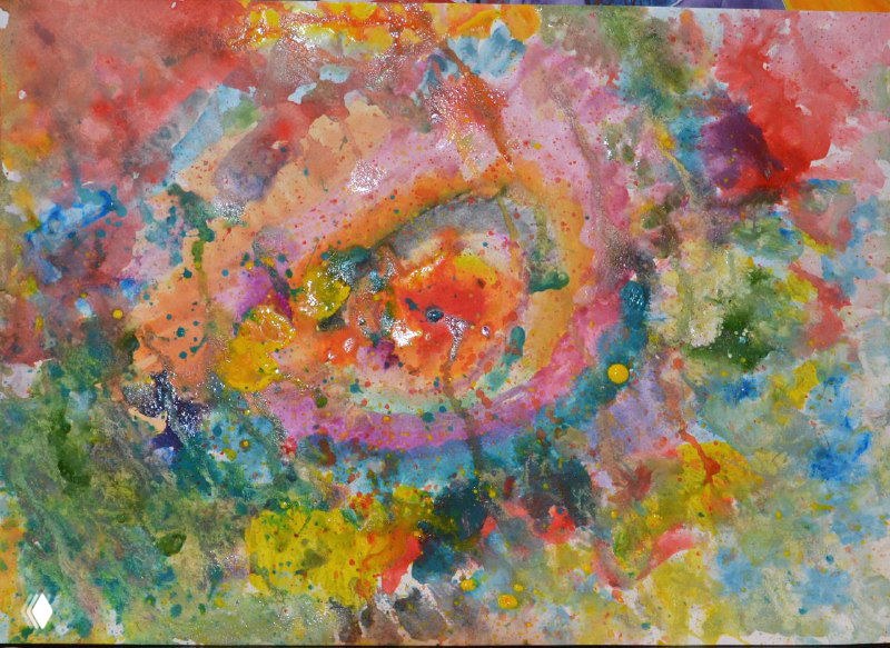 Абстрактная цветовая композиция: взрыв красок, капли и разводы, аэрографичность и смешение оттенков, напоминает свободную экспериментальную живопись.