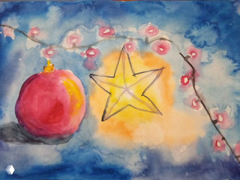 Акварельная композиция с ёлочной игрушкой и звездой, световые ореолы и растекание краски вокруг светящихся элементов, детская работа.