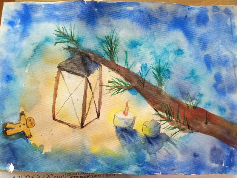 Акварель: ветка сосны, фонарь и свечи, работа ученика с эффектами растекания и мягких переходов цвета, детская учебная работа.