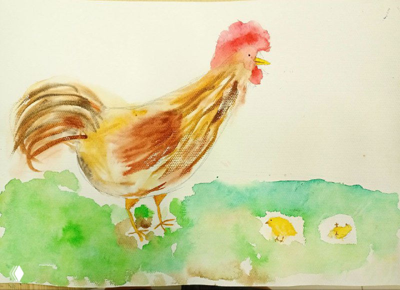 Петух и два яйца внизу композиции, мягкие цветовые пятна и зелёный передний план на полухлопковой бумаге.