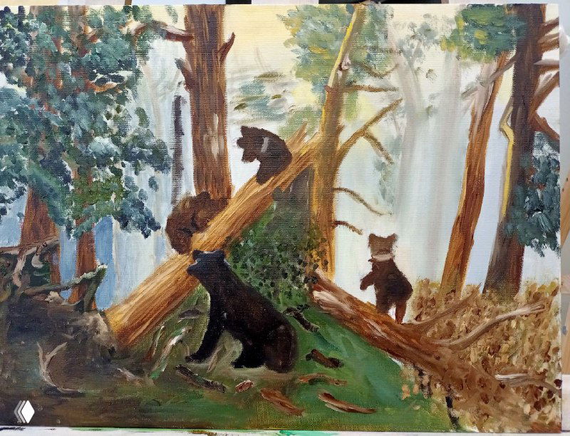 Детская живописная интерпретация лесного пейзажа с упавшим деревом и тремя медвежатами, видна наивная манера письма и энергичные мазки кисти.