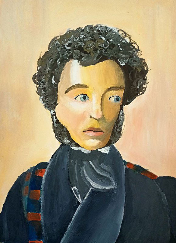 Ученическая картина портрета в гуаши: фигурное лицо с выразительными глазами, наблюдаются тёплые желтоватые и нейтральные коричневые оттенки кожи.