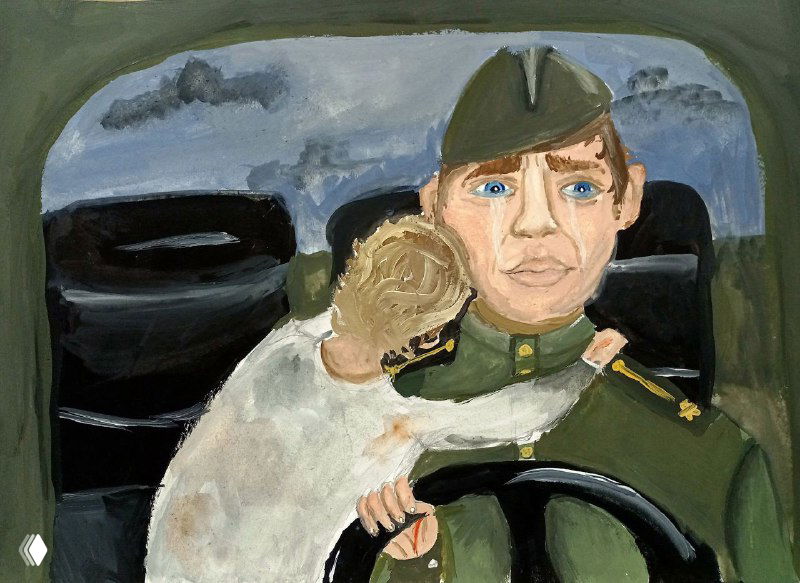 Картина ученика 10–13 лет: солдат с ребёнком в машине, портретный стиль, сочетание холодных и тёплых тонов кожи в условиях сценической композиции.