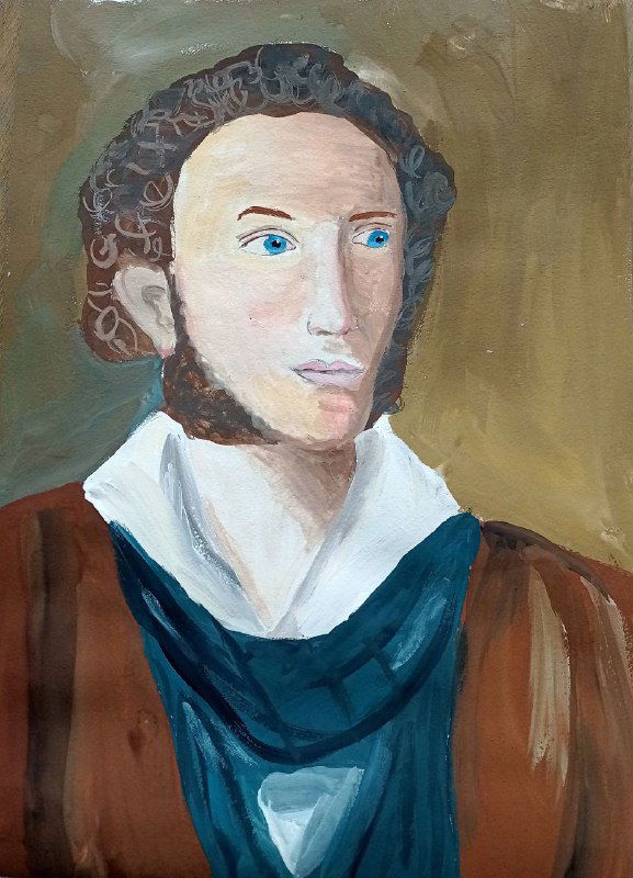 Ученическая работа в акварельно-гуашевой технике: классический мужской портрет, прослеживается использование светло-коричневой сиены и тёплых красных примесей.