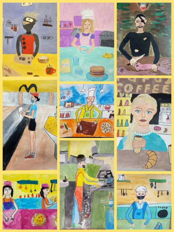 Серия картин на тему людей и быта: разные техники и сюжеты — персонажи в кафе, уличные сцены и коллажные приёмы в красках.