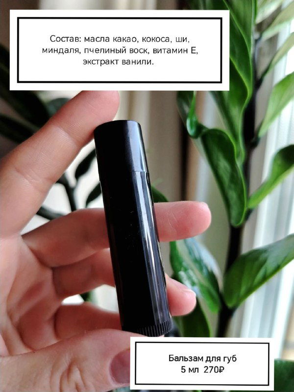 Тёмный тюбик-бальзам для губ в руке на фоне растений; видно форму стика и наклейку с ценой, крупный план упаковки.