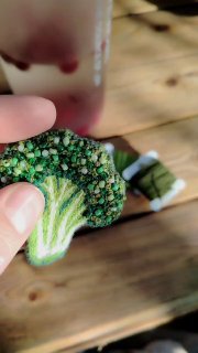 Крупный план вышитой броши «брокколи» в руке на деревянной поверхности; видны зелёные бусины, нитки и ручная работа мастера.