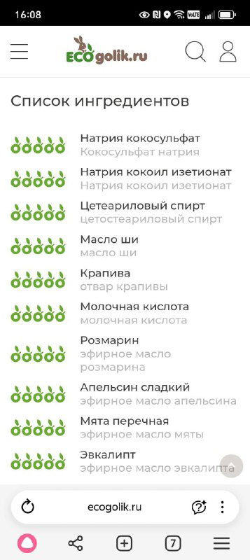 Скриншот списка ингредиентов на Экоголик: несколько строк компонентов с зелёными маркерами и краткими пояснениями к каждому пункту.