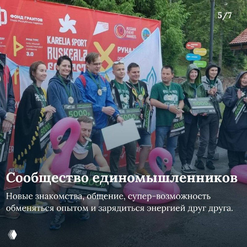 Фотография награждения и группы участников фестиваля на сцене с баннерами, люди с медалями и плакаты организаторов — сообщество единомышленников.