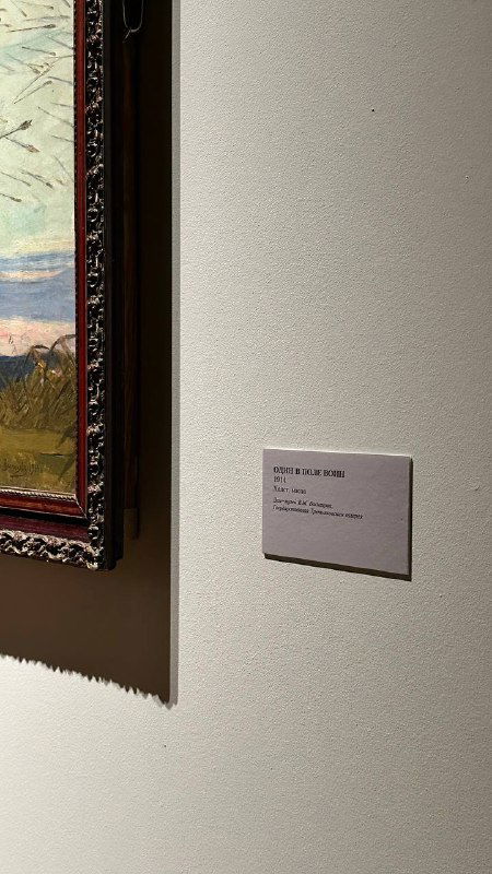 Снимок музейной экспозиции: часть рамы картины и табличка с информацией рядом на стене — интерьер выставочного зала.