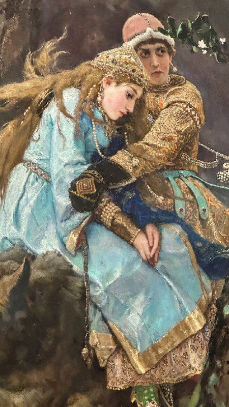 Фрагмент картины с образом влюблённой пары в исторических одеждах: мягкая живописная манера и тонкая передача лиц.