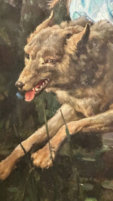 Деталь полотна: крупный план волка из композиции на выставке Васнецова, проработаны шерсть, пасть и природная динамика животного.