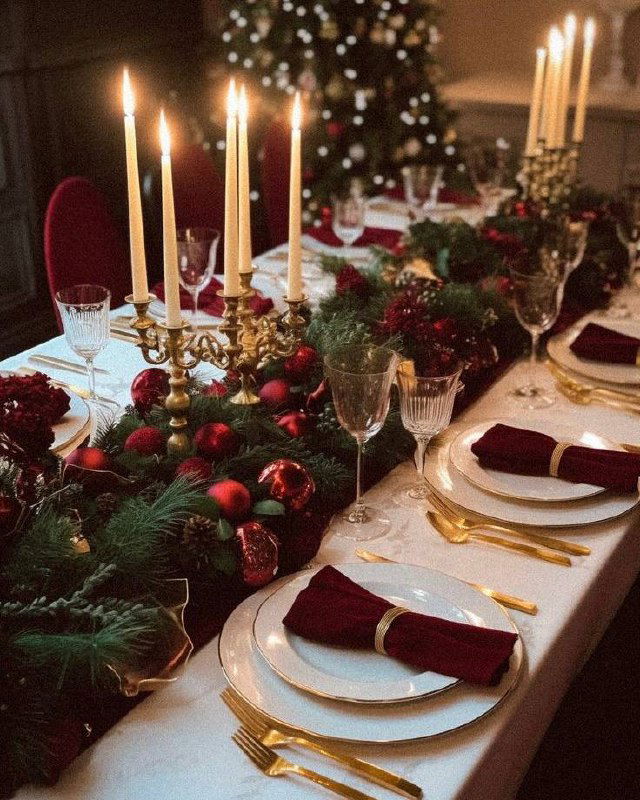 Празднично украшенный стол с подсвечниками, фарфоровой посудой и еловыми украшениями — элегантная сервировка для торжества.